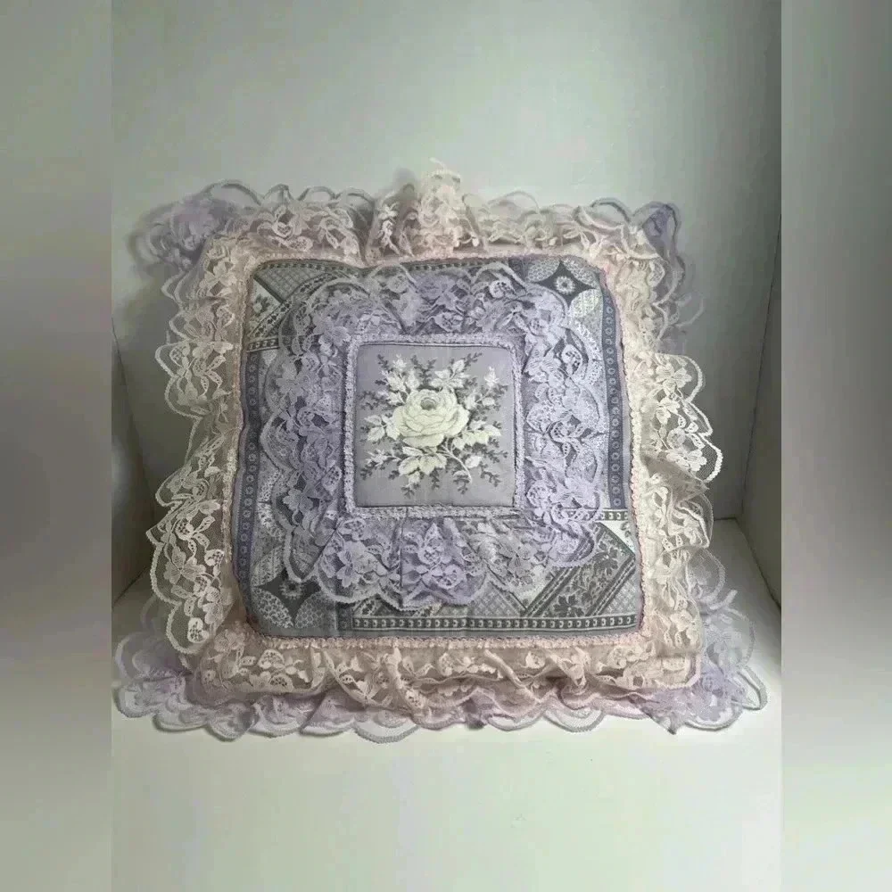 Vintage Cottage-core Lace Embroidered/ Quilted Pillow